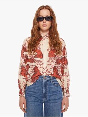 MOTHER Cream and Rust Printed Silk Button-Up Blouse
